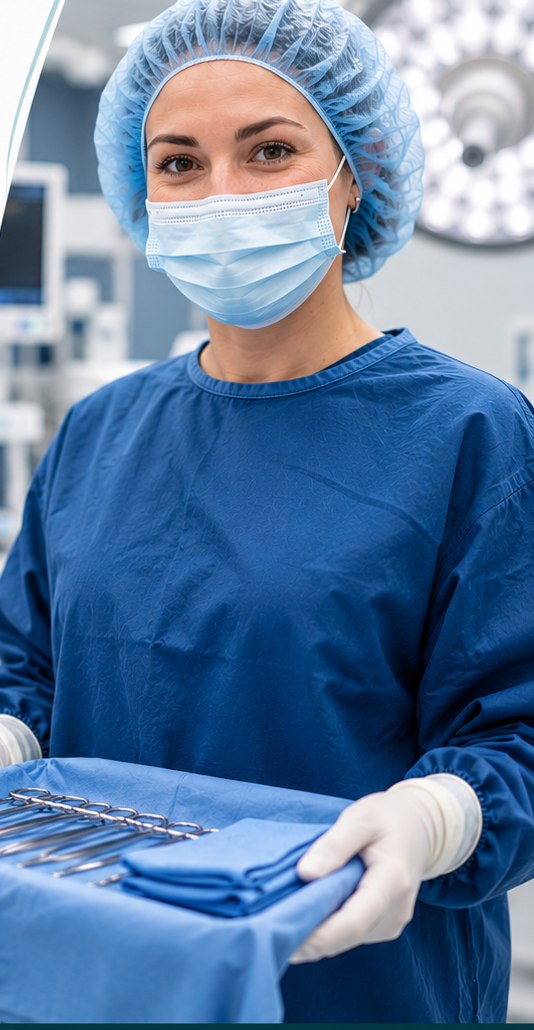 Surgical Technologist in an operating room holding an instrument tray